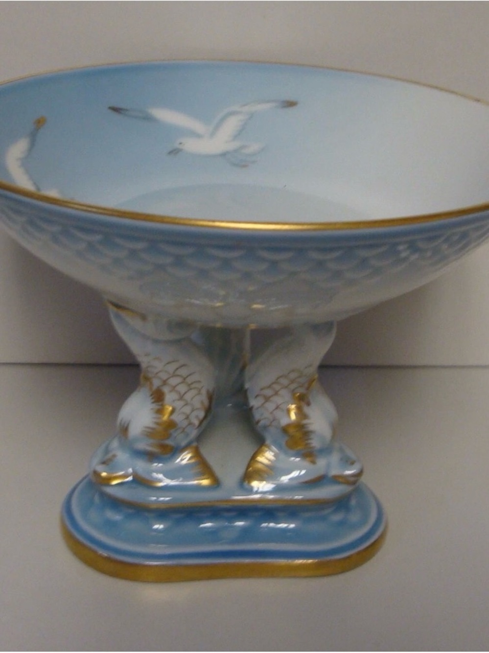 Sky Blue Porcelain Centerpiece Bowl with Gold Trim and Seagull Motif